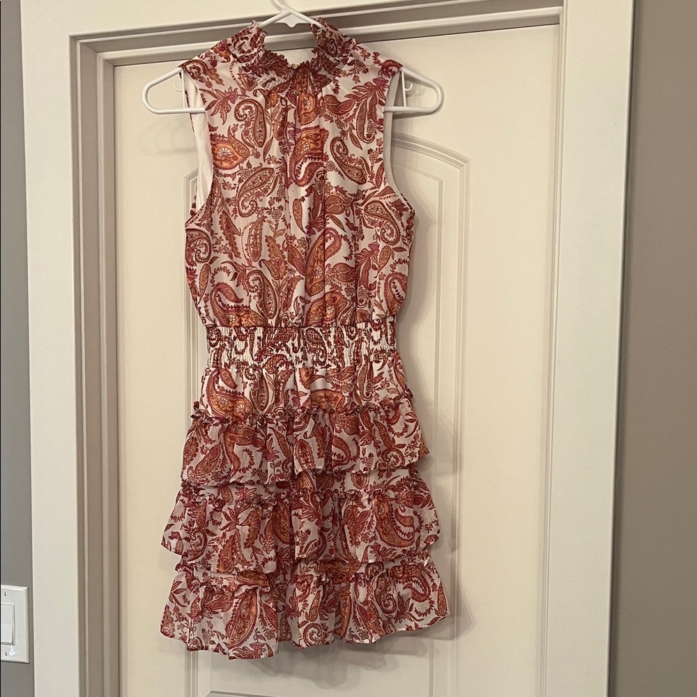 Sleeveless Red Paisley Tiered Ruffle Dress